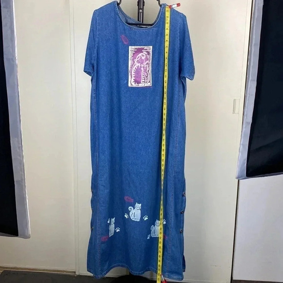 Cat lover Vtg denim short sleeve scoop neck embroidered side slit maxi dress XXL - Picture 16 of 17